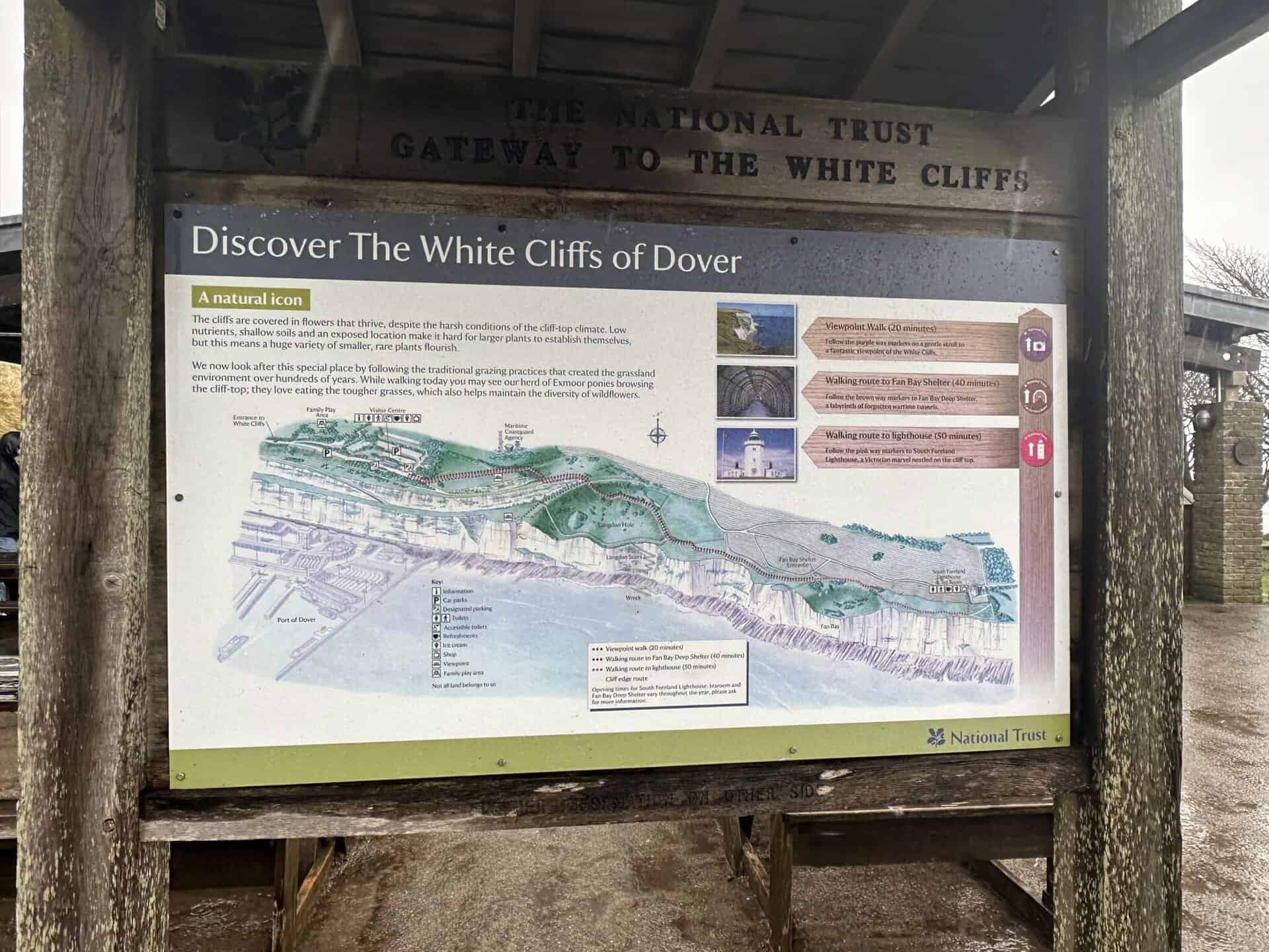 Stunning information board at White Cliffs of Dover showcasing discovery routes, walking guides, and scenic viewpoints, highlighting Dover's natural beauty and iconic chalk cliffs.
